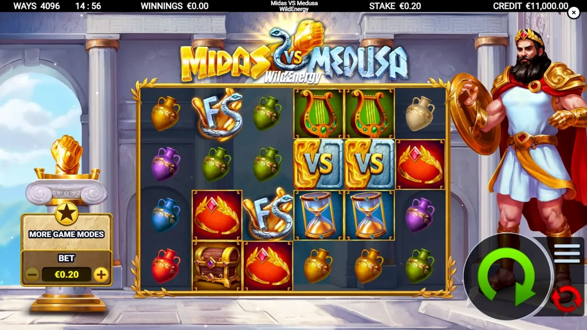 Tampilan visual slot Midas VS Medusa WildEnergy dengan elemen emas dan batu